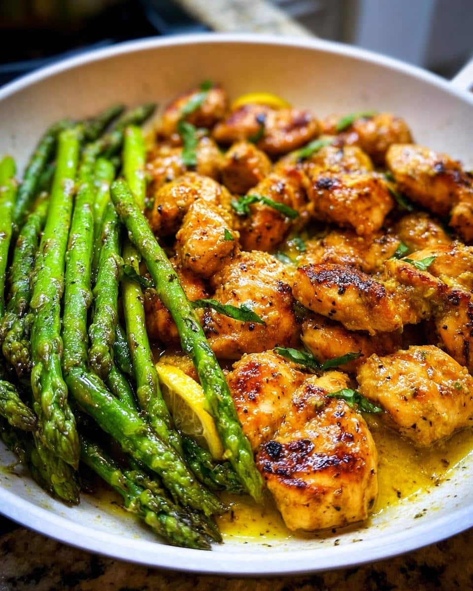 Close-up of Garlic Butter Chicken Skillet pieces coated in sauce next to bright green asparagus spears.