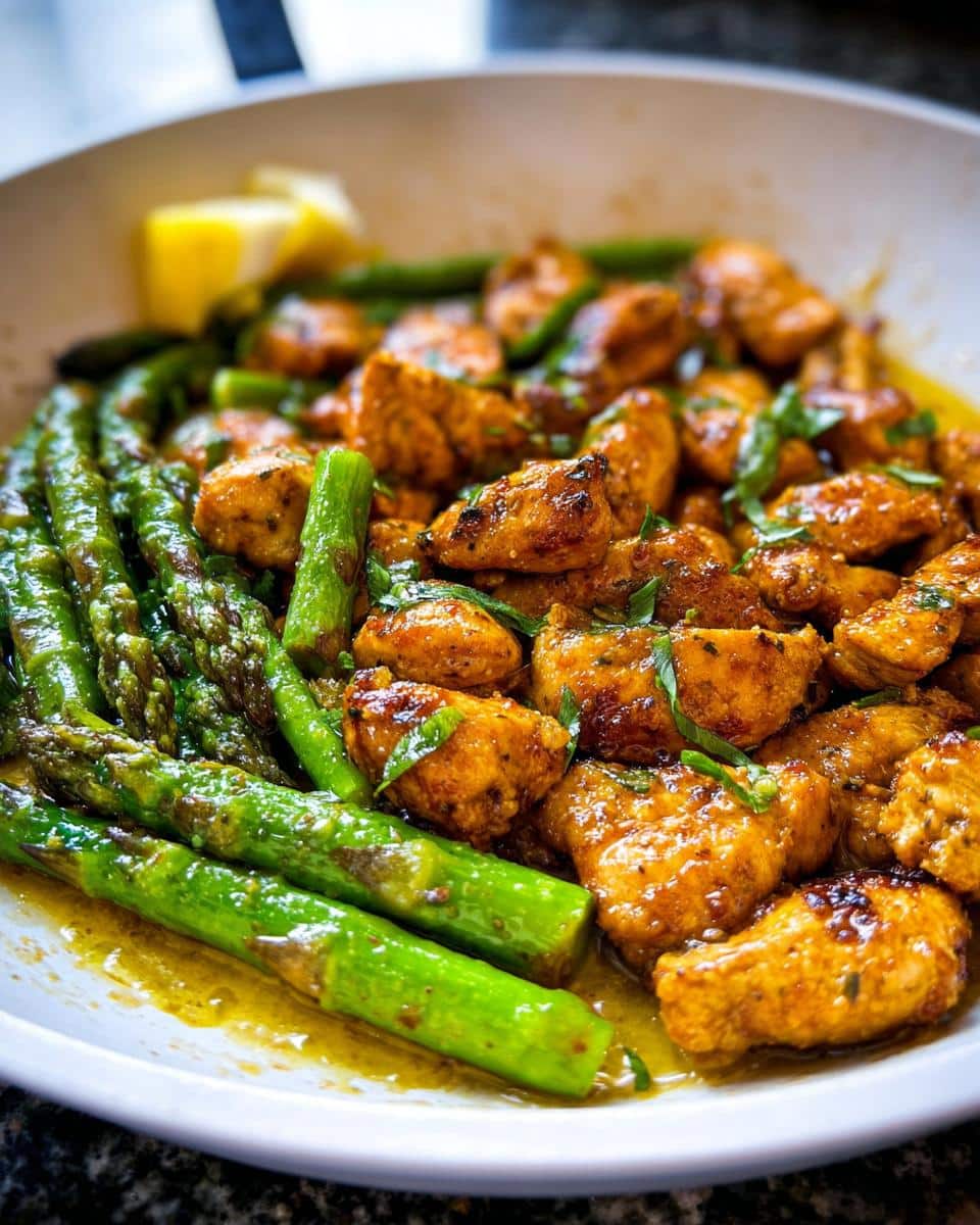 Close-up of juicy Garlic Butter Chicken Skillet pieces served with bright green asparagus spears in a buttery sauce.