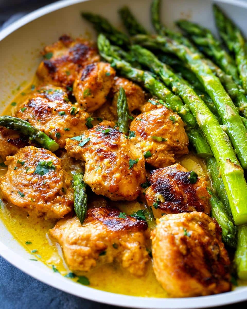 Close-up of seared chicken pieces in a rich yellow garlic butter sauce next to bright green asparagus spears, Garlic Butter Chicken Skillet.