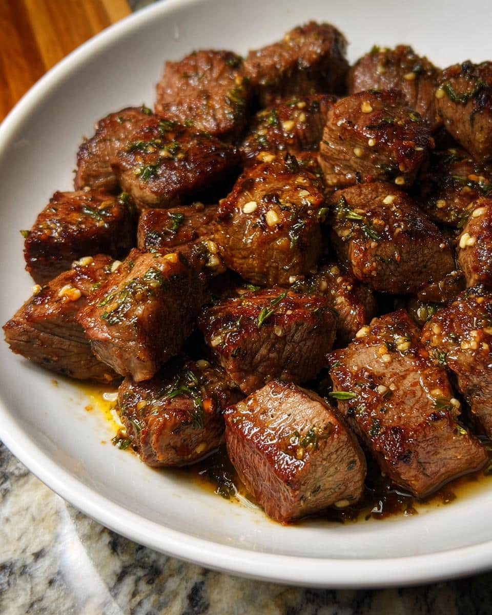Close-up of perfectly seared Garlic Butter Steak Bites (Low Carb) coated in a rich, glossy sauce with visible minced garlic and herbs.