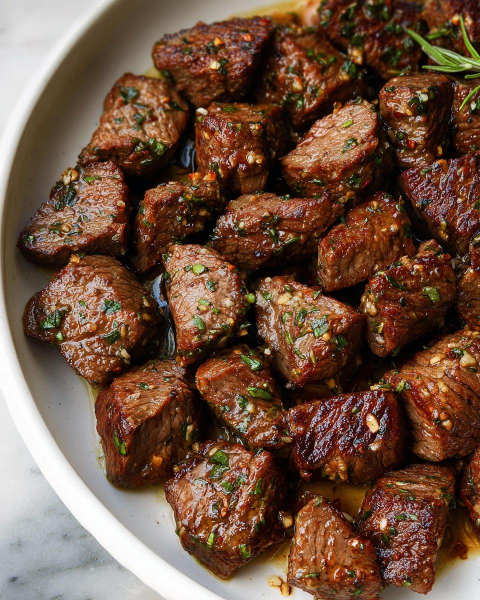 Close-up of perfectly cooked Garlic Butter Steak Bites (Low Carb) coated in glistening garlic butter and herbs.