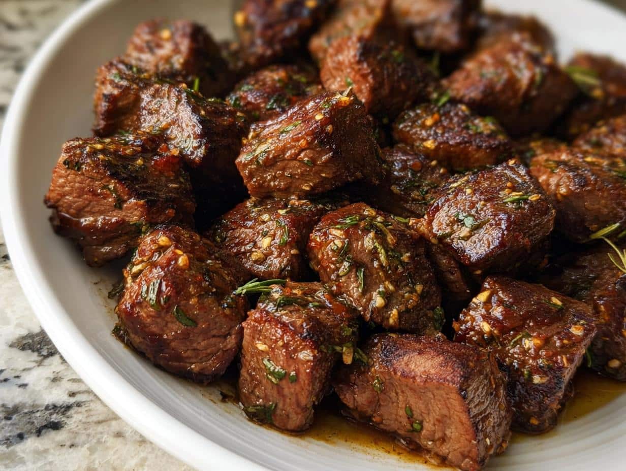A close-up of perfectly seared Garlic Butter Steak Bites (Low Carb) coated in a glossy garlic and herb sauce, served on a white platter.