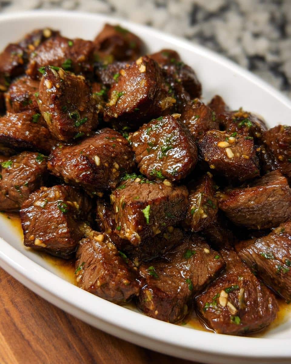 Close-up of tender Garlic Butter Steak Bites (Low Carb) glistening in sauce with minced garlic and parsley.