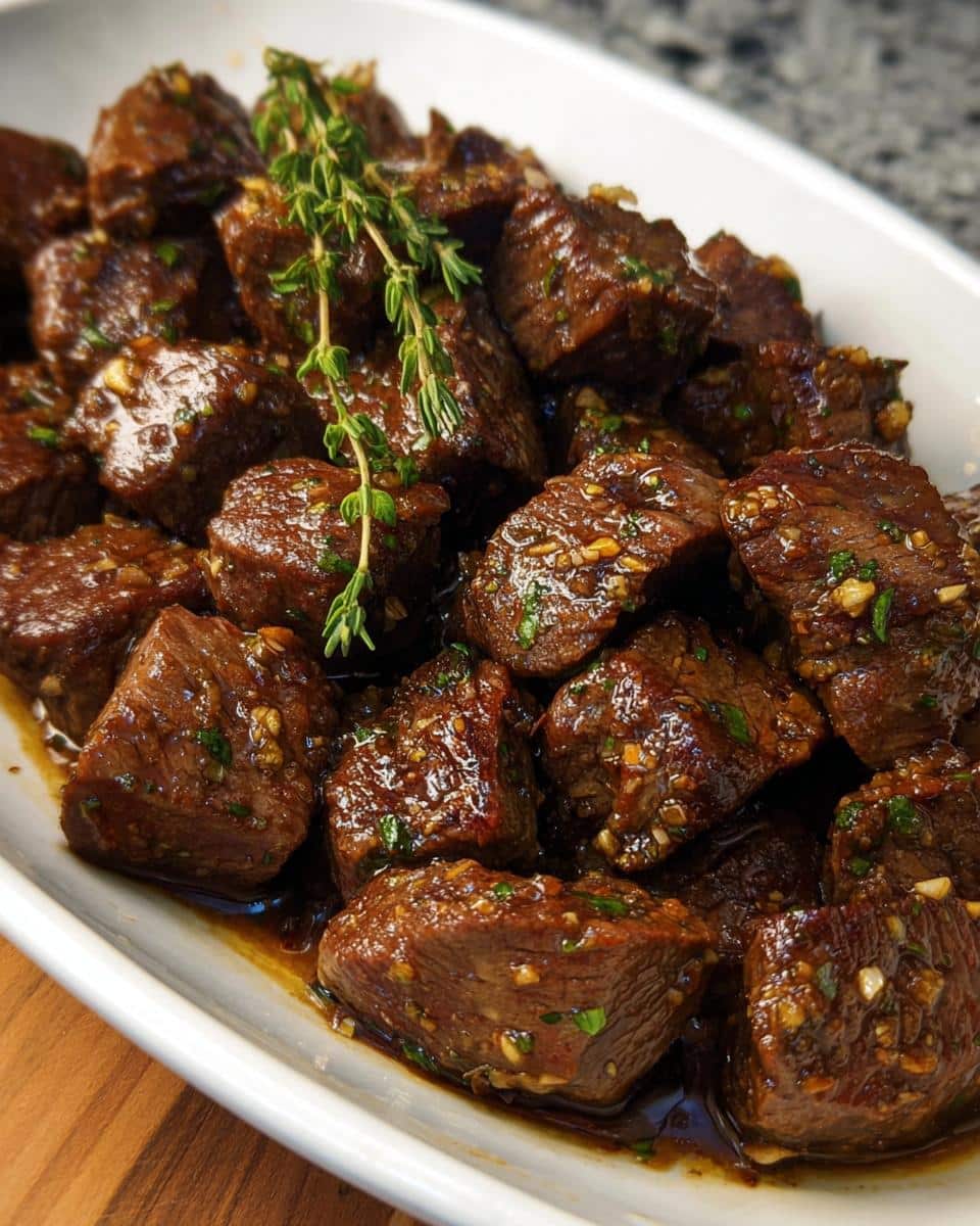 Close-up of tender Garlic Butter Steak Bites (Low Carb) coated in a rich sauce and garnished with fresh thyme.