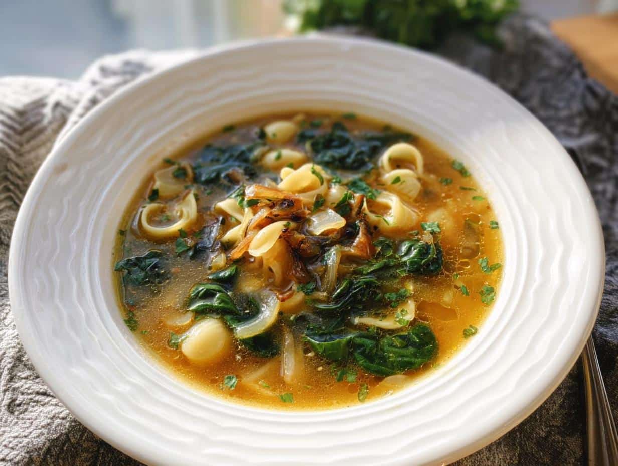 Close-up of a white bowl filled with Garlic Ginger Immune Boosting Soup, featuring pasta, spinach, and caramelized onions.