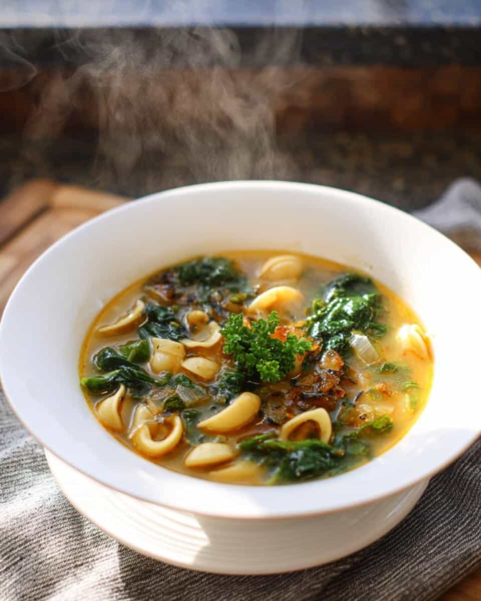 A steaming white bowl filled with Garlic Ginger Immune Boosting Soup featuring pasta shells and dark leafy greens.