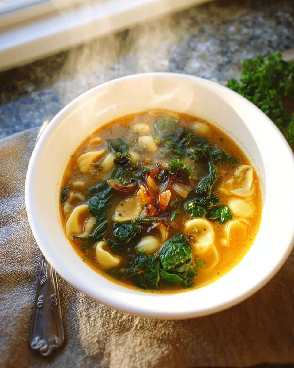 A steaming white bowl of Garlic Ginger Immune Boosting Soup featuring pasta shells, dark greens, and caramelized onions.