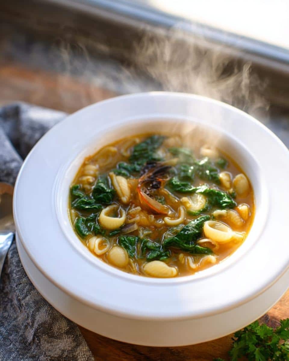 A white bowl filled with steaming Garlic Ginger Immune Boosting Soup containing spinach and small pasta shells.