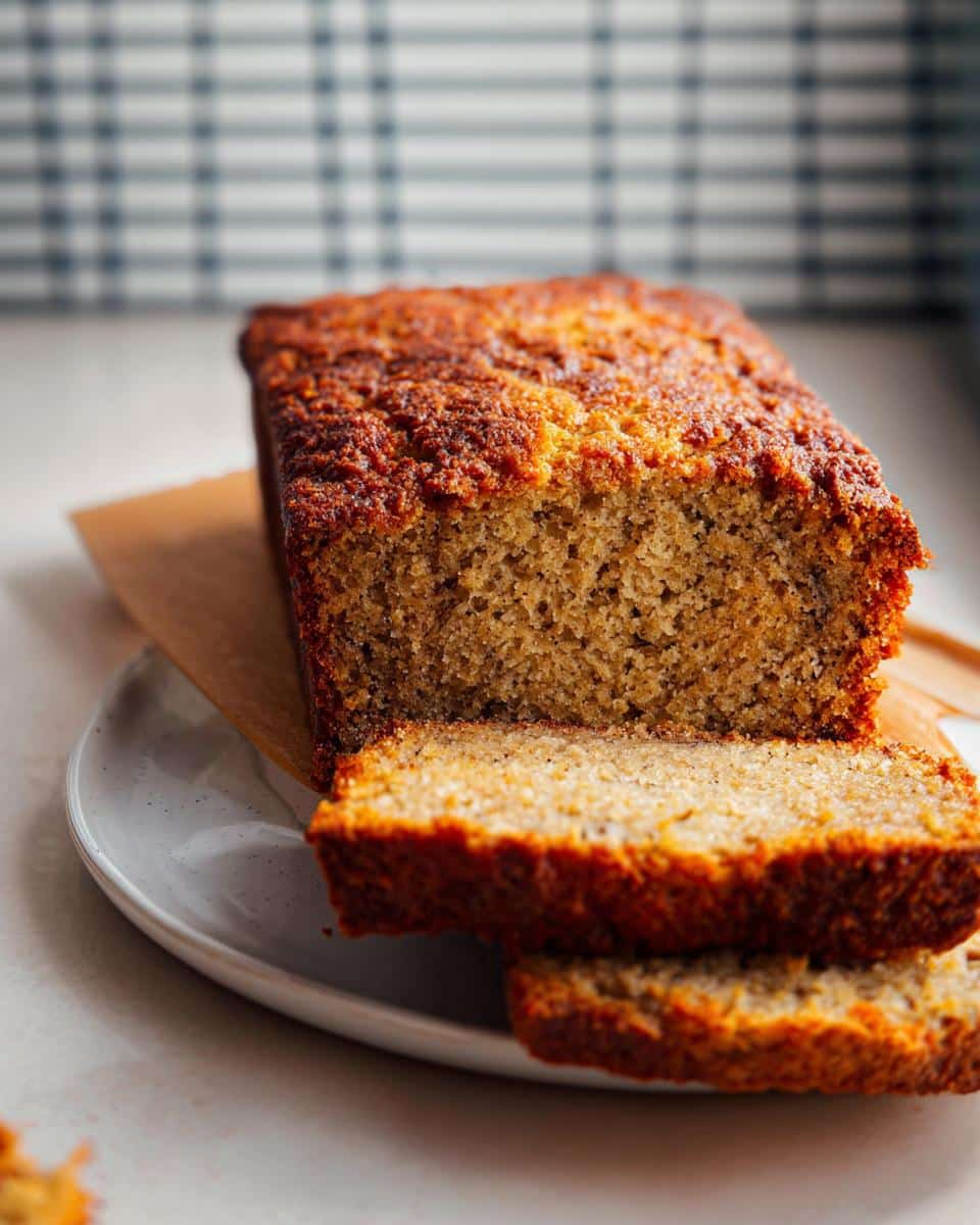 A sliced loaf of moist Gluten Free Banana Bread (Almond Flour) with a golden brown crust on a plate.