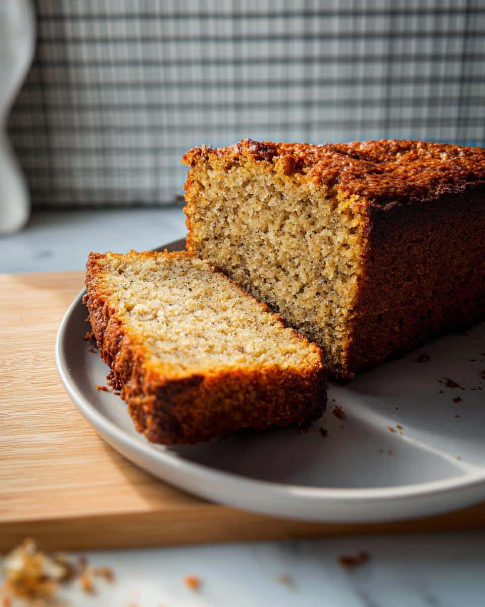 Close-up of a loaf of moist Gluten Free Banana Bread (Almond Flour) with one thick slice cut and resting against the main loaf.
