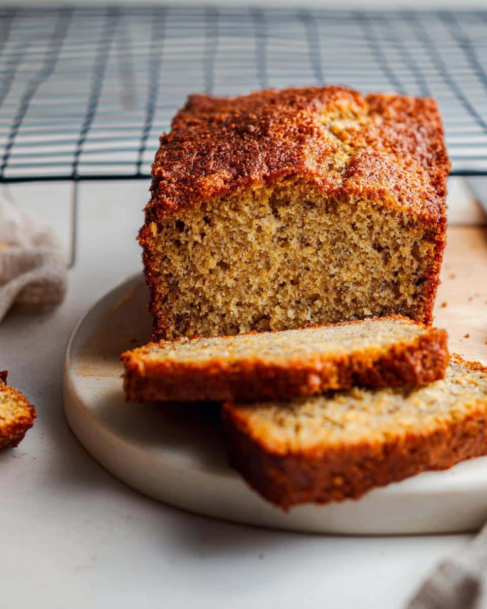 A loaf of baked Gluten Free Banana Bread (Almond Flour) sliced on a light platter.
