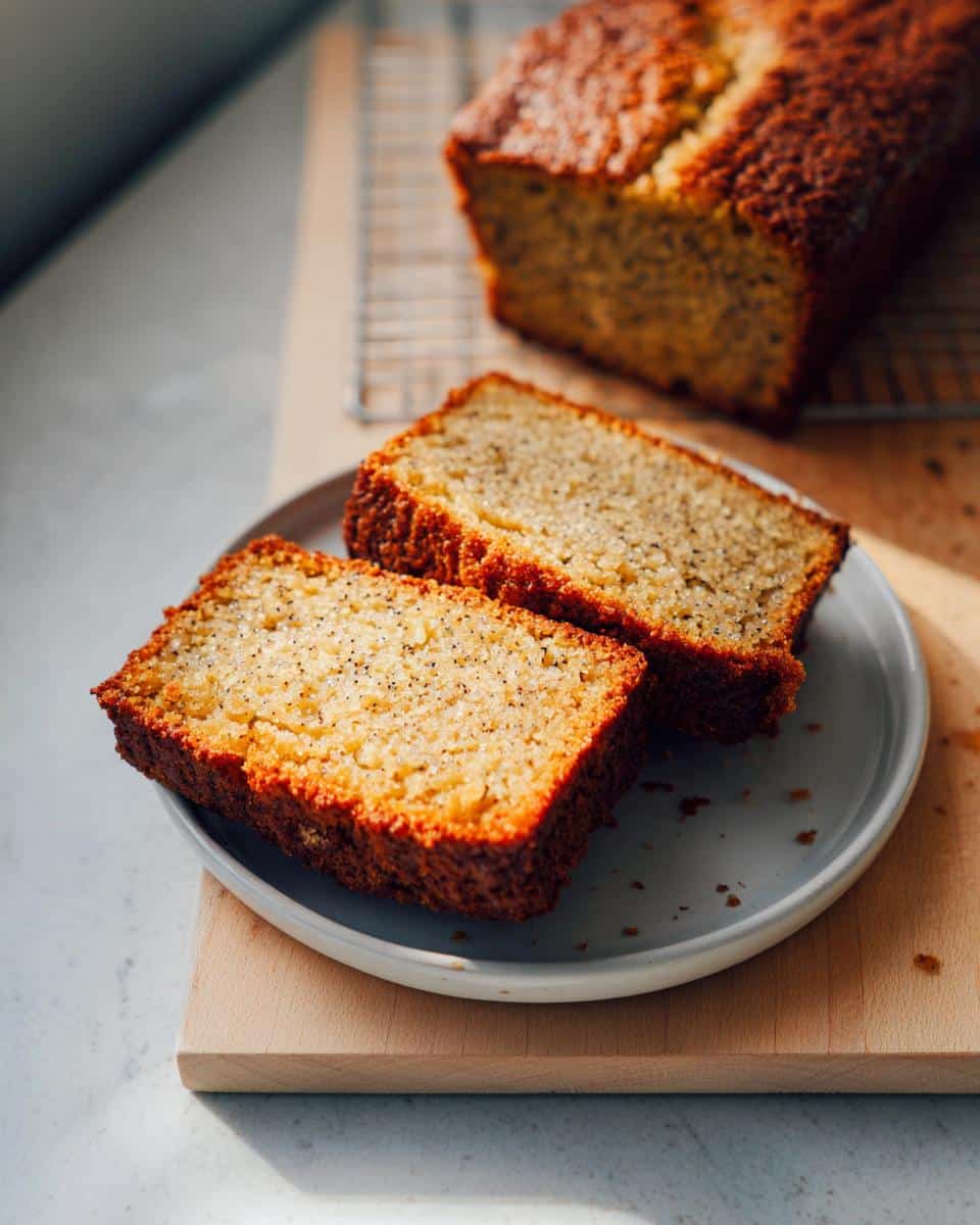 Two thick slices of moist Gluten Free Banana Bread (Almond Flour) with visible poppy seeds on a plate.
