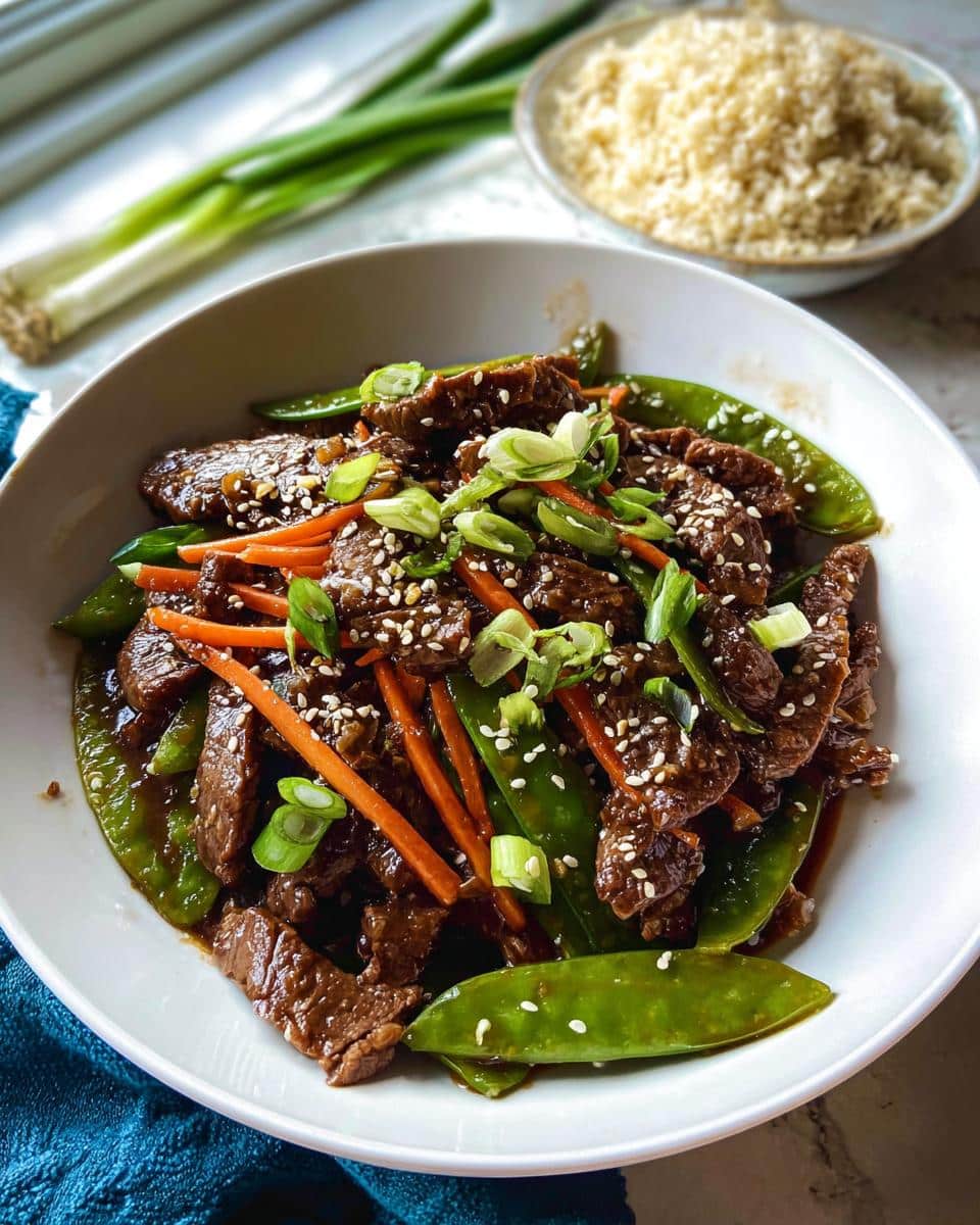 Close-up of a bowl filled with Gluten-Free Beef Stir Fry featuring beef strips, snow peas, carrots, and sesame seeds.
