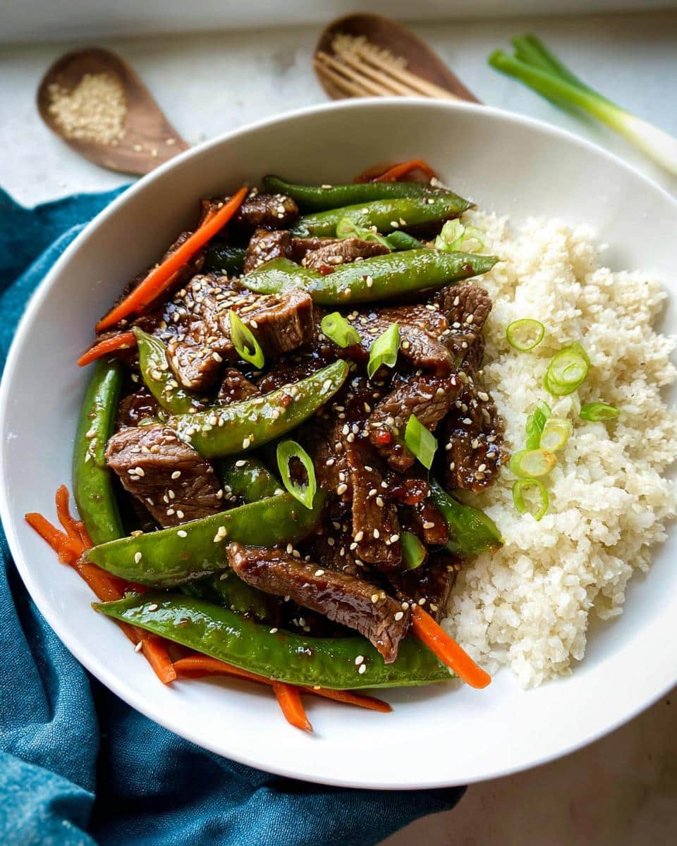 A bowl of Gluten-Free Beef Stir Fry with beef, snap peas, carrots, and cauliflower rice, topped with sesame seeds.