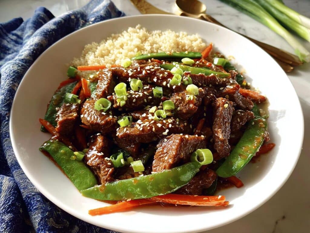 A vibrant bowl of Gluten-Free Beef Stir Fry featuring beef strips, snow peas, and carrots served over cauliflower rice, topped with sesame seeds.