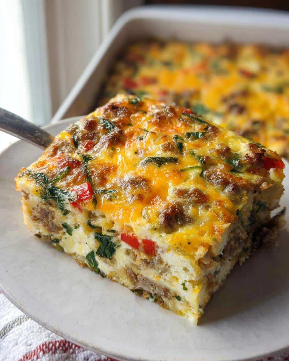 A thick slice of Gluten-Free Breakfast Casserole topped with melted cheddar cheese being lifted onto a plate.