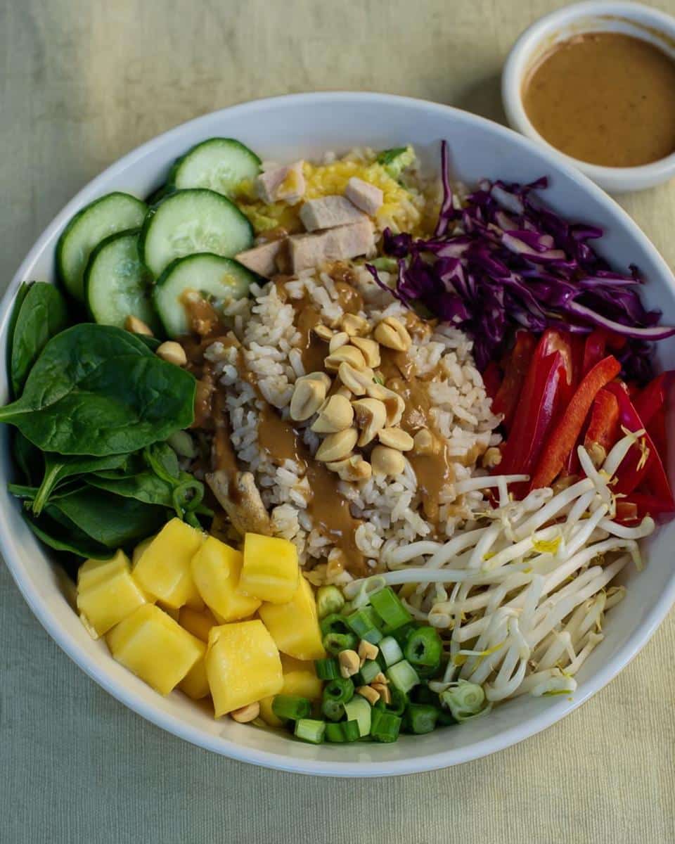 A colorful Gluten-Free Buddha Bowl featuring rice, chicken, mango, cucumber, cabbage, and peanut sauce.