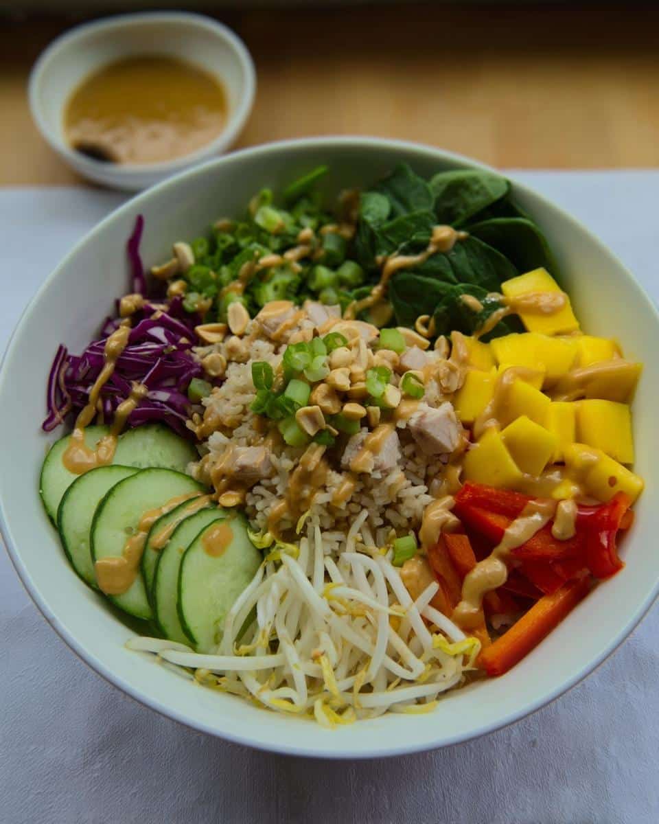 Overhead view of a vibrant Gluten-Free Buddha Bowl filled with rice, chicken, mango, cucumber, and peanut sauce.