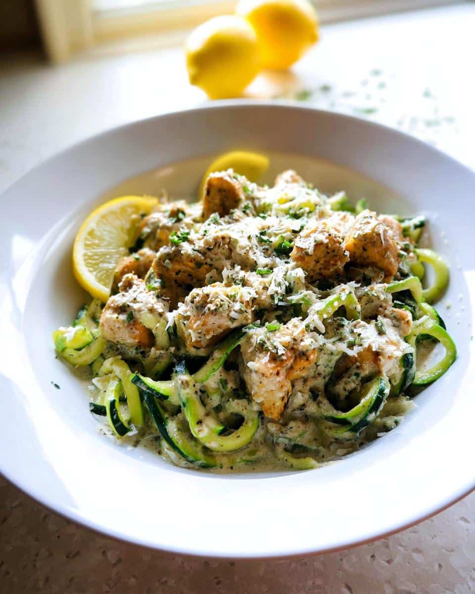 Close-up of Gluten-Free Chicken Alfredo served over zucchini noodles, topped with Parmesan and lemon.
