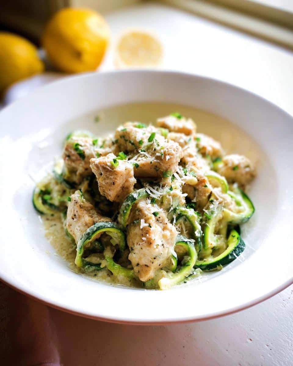 Close-up of Gluten-Free Chicken Alfredo served over zucchini noodles, topped with Parmesan and parsley.
