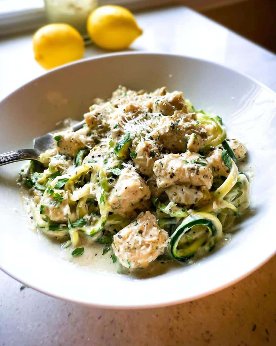 Close-up of Gluten-Free Chicken Alfredo served over zucchini noodles, topped with parmesan and parsley.