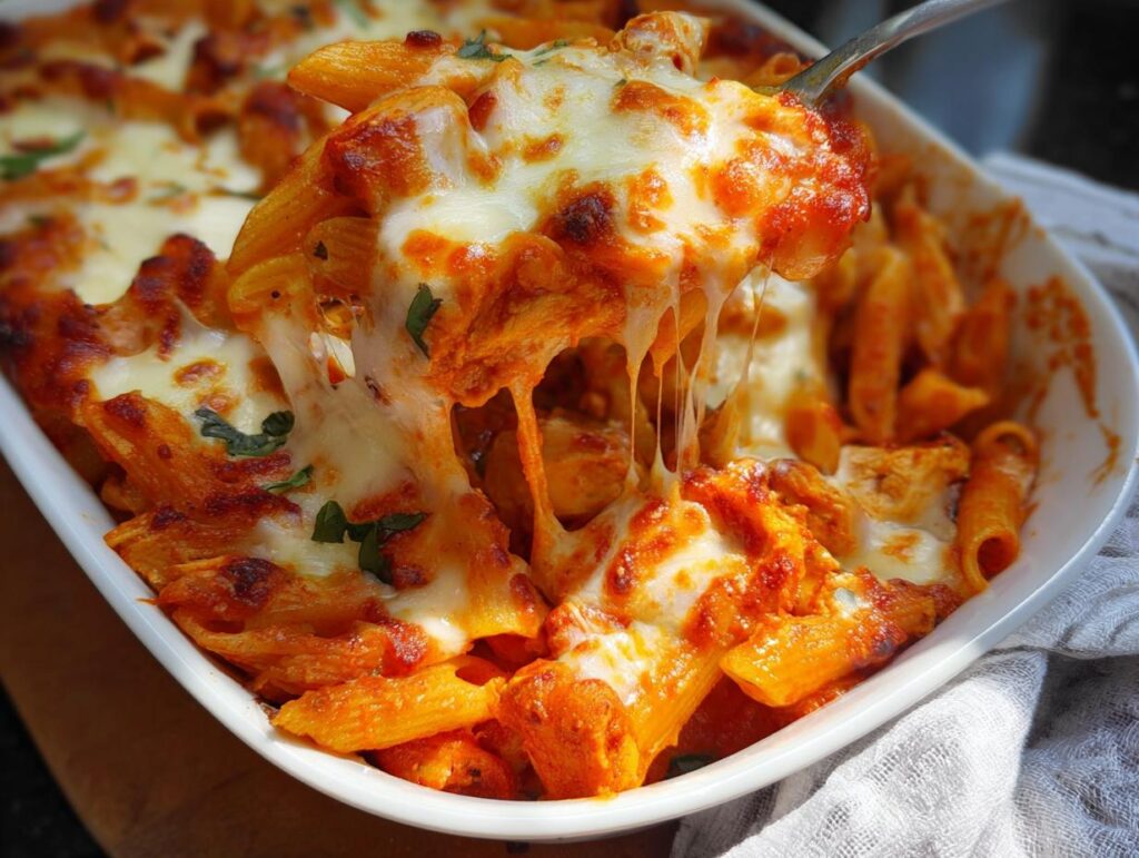 A spoonful of cheesy Gluten-Free Chicken Pasta Bake being lifted from a white baking dish, showing melted cheese strings.