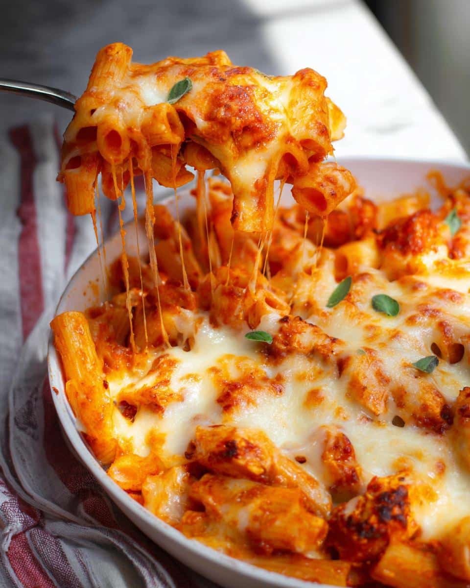 A fork lifts a serving of cheesy Gluten-Free Chicken Pasta Bake, showing long, melted cheese pulls.