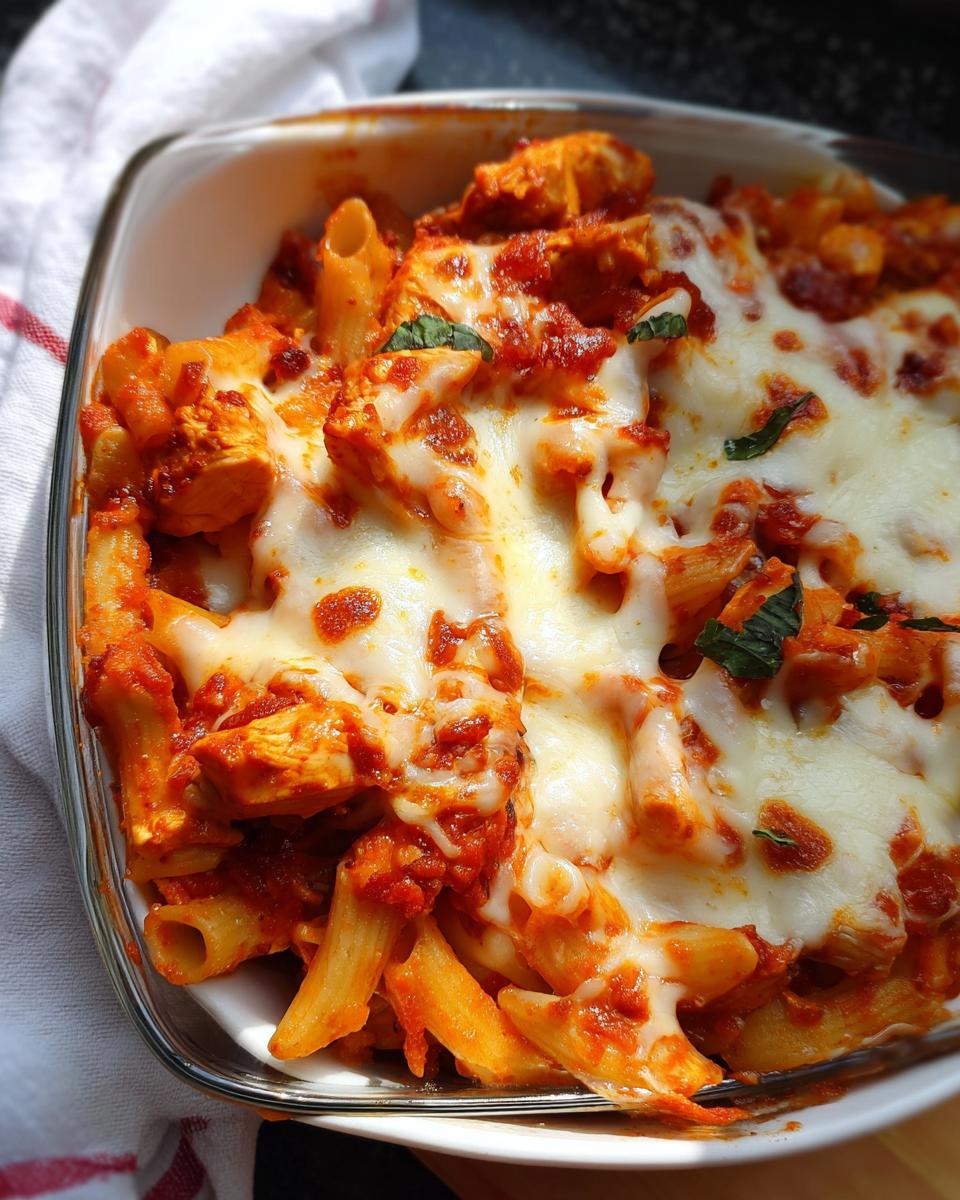 Close-up of a baked dish featuring penne pasta, chicken pieces, and a thick layer of melted, bubbly cheese in a glass baking dish.