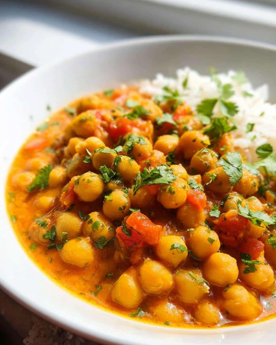 A close-up bowl of vibrant Gluten-Free Chickpea Curry served with white rice and topped with fresh cilantro.