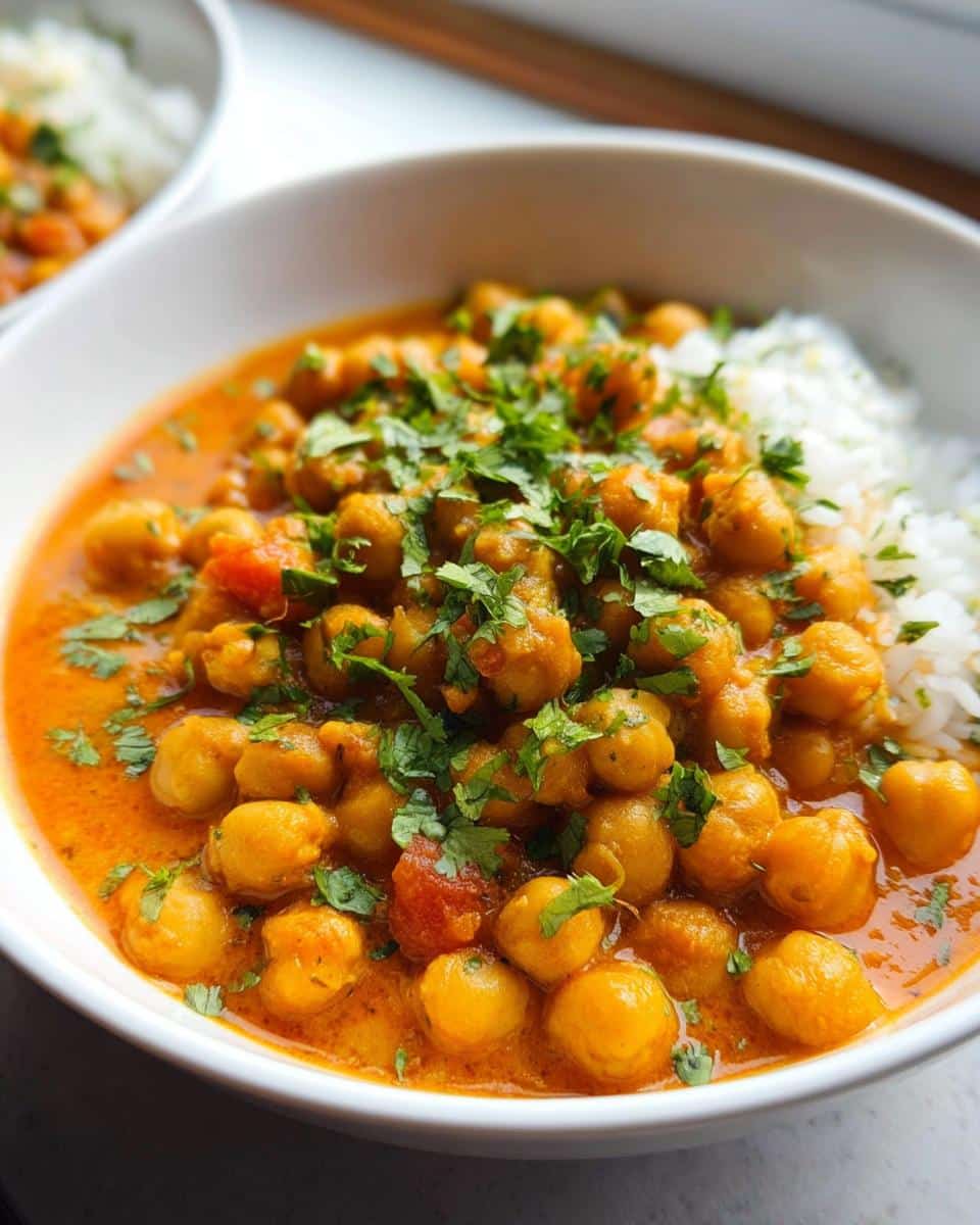 Close-up of a white bowl filled with vibrant Gluten-Free Chickpea Curry served alongside white rice and topped with fresh cilantro.