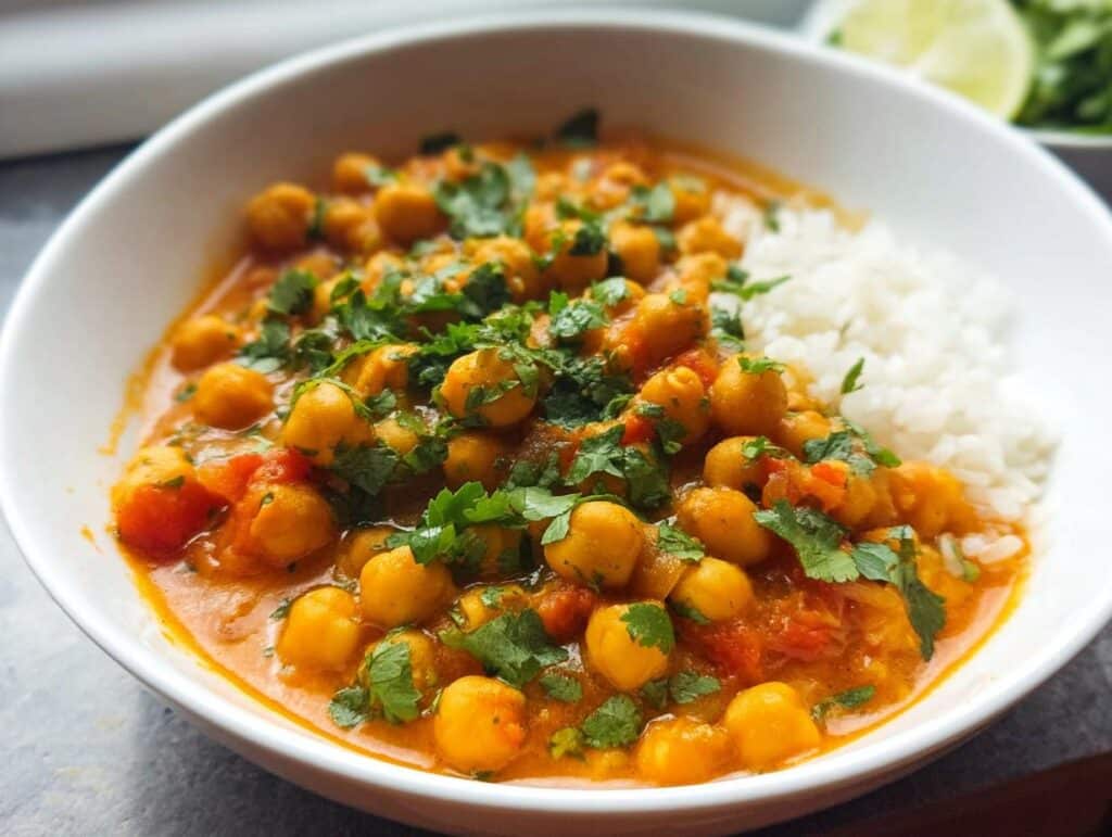 A close-up of a white bowl filled with vibrant Gluten-Free Chickpea Curry served alongside white rice and topped with fresh cilantro.