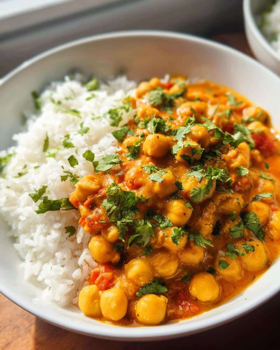 A close-up of a white bowl filled with creamy Gluten-Free Chickpea Curry served next to fluffy white rice and topped with fresh cilantro.
