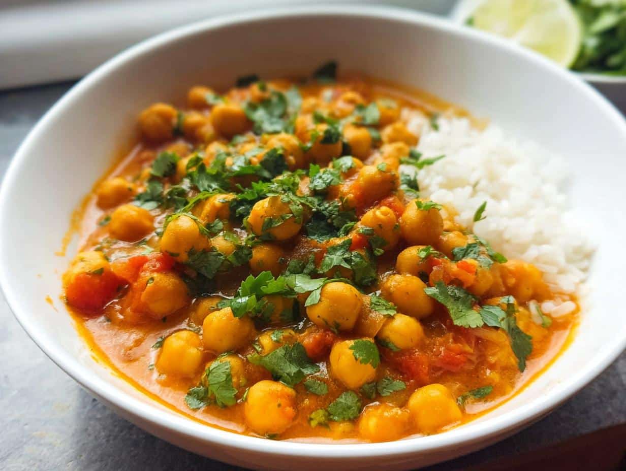 A close-up of a white bowl filled with vibrant Gluten-Free Chickpea Curry served alongside white rice and topped with fresh cilantro.