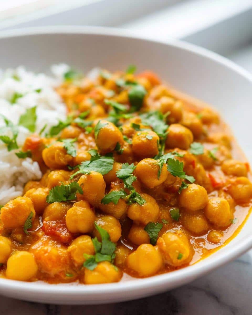 Close-up of a white bowl filled with rich Gluten-Free Chickpea Curry served next to white rice and topped with fresh cilantro.