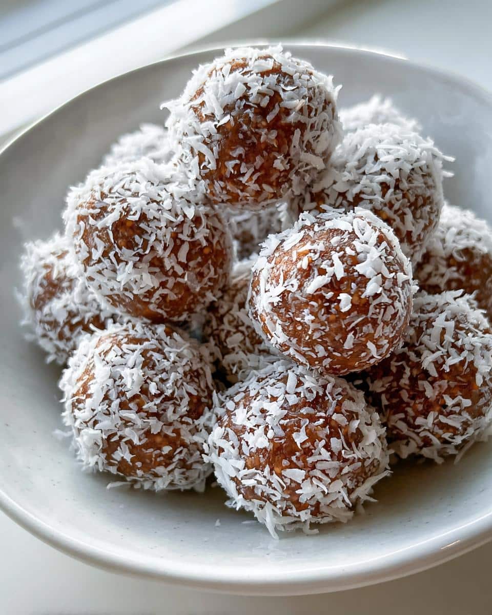 A close-up of several Gluten-Free Coconut Bliss Balls generously coated in shredded coconut, stacked in a white bowl.