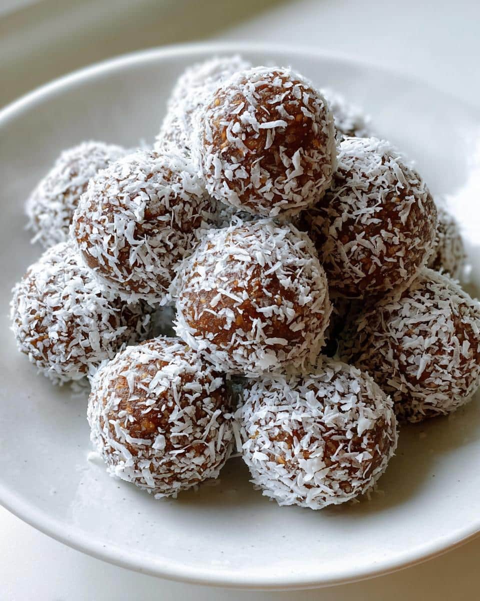 A close-up of a mound of Gluten-Free Coconut Bliss Balls rolled in shredded coconut, served on a light plate.