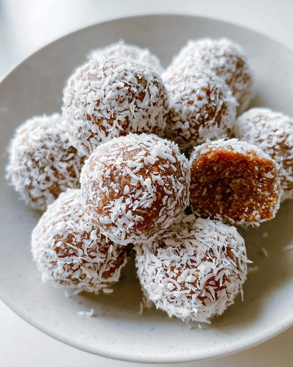 A close-up of several Gluten-Free Coconut Bliss Balls rolled in shredded coconut, piled on a light grey plate.