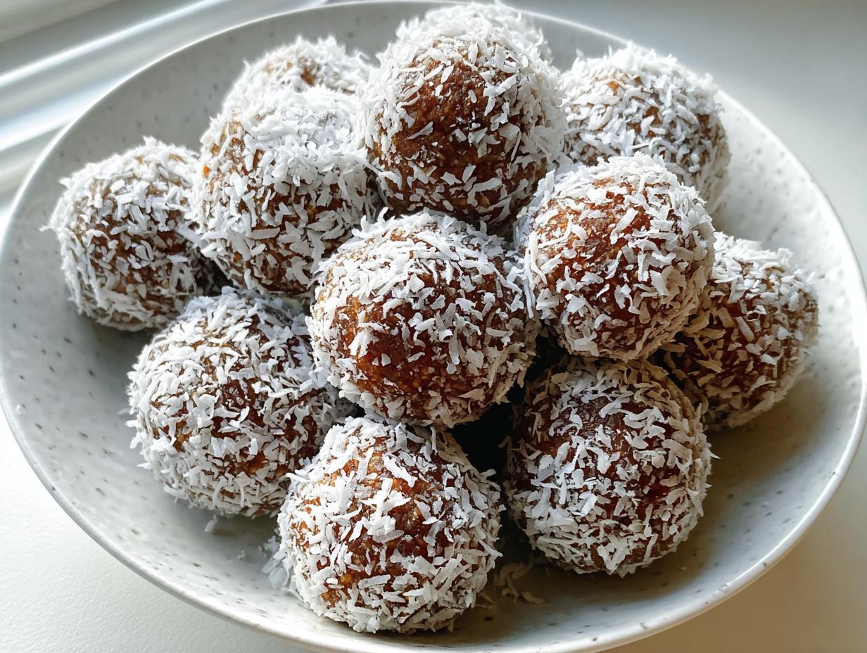 A pile of homemade Gluten-Free Coconut Bliss Balls rolled in shredded white coconut flakes in a light gray bowl.