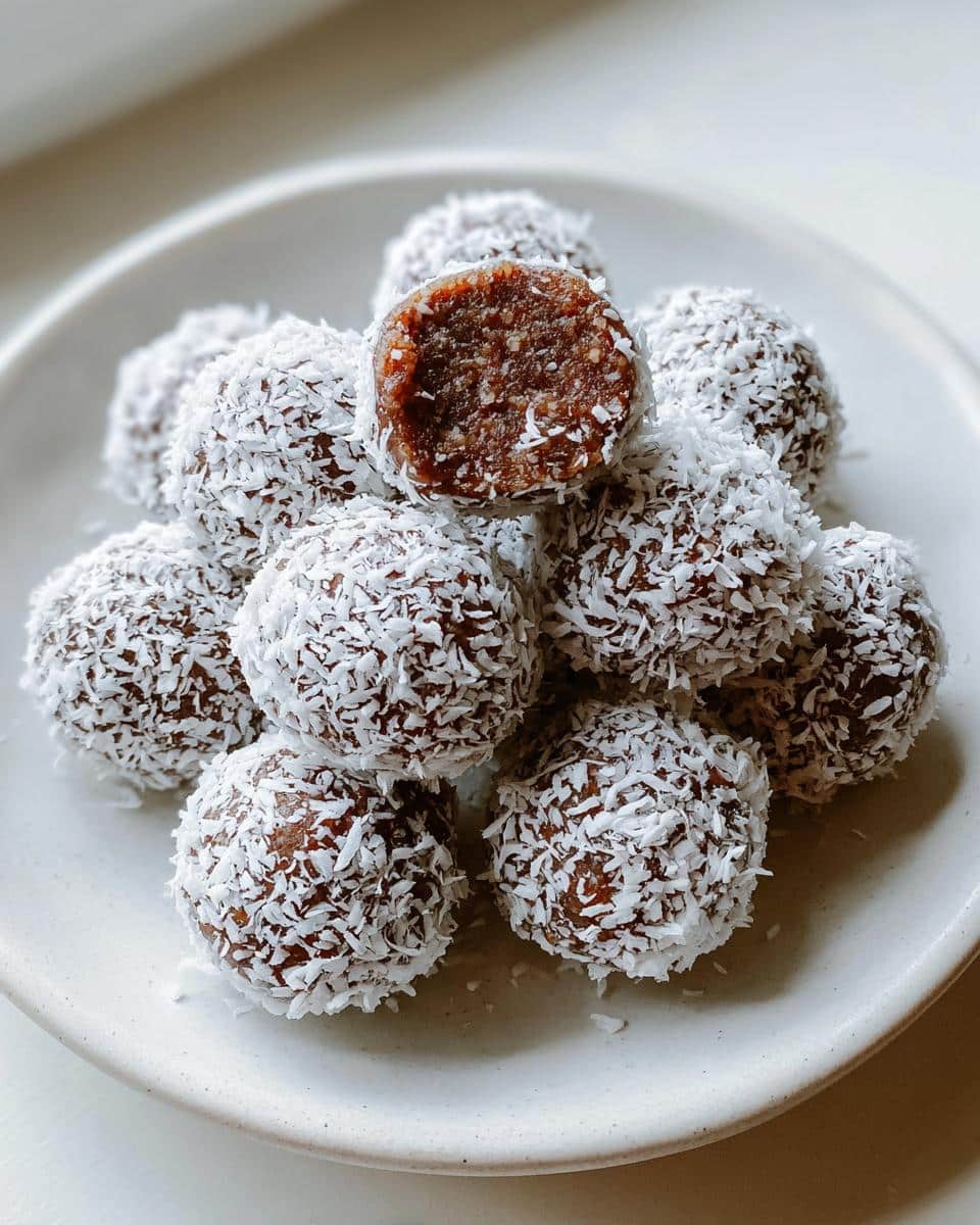 A pile of round Gluten-Free Coconut Bliss Balls coated in shredded coconut, with one ball cut in half showing the dense, dark interior.