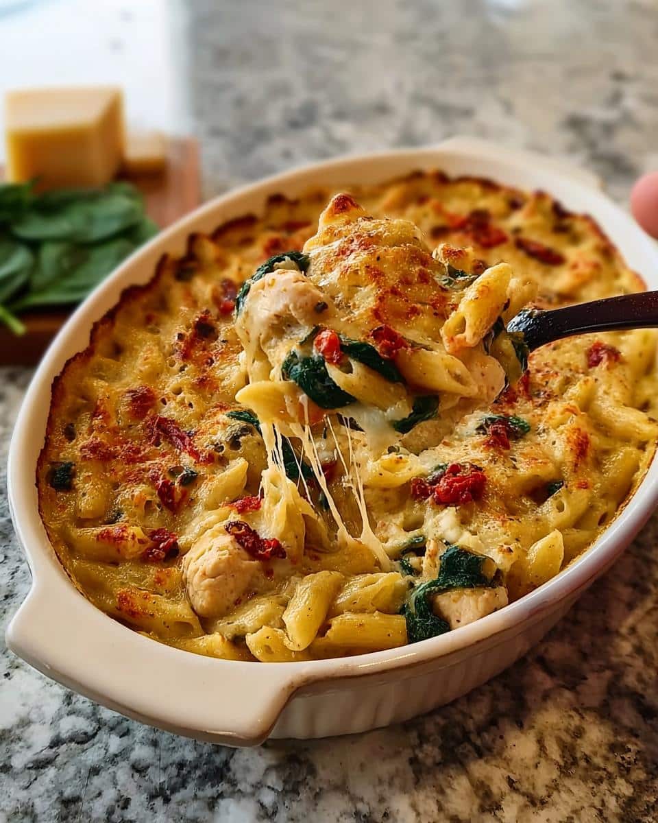 A spoonful of cheesy Gluten-Free Creamy Tuscan Pasta being lifted from a baked casserole dish, showing a cheese pull.