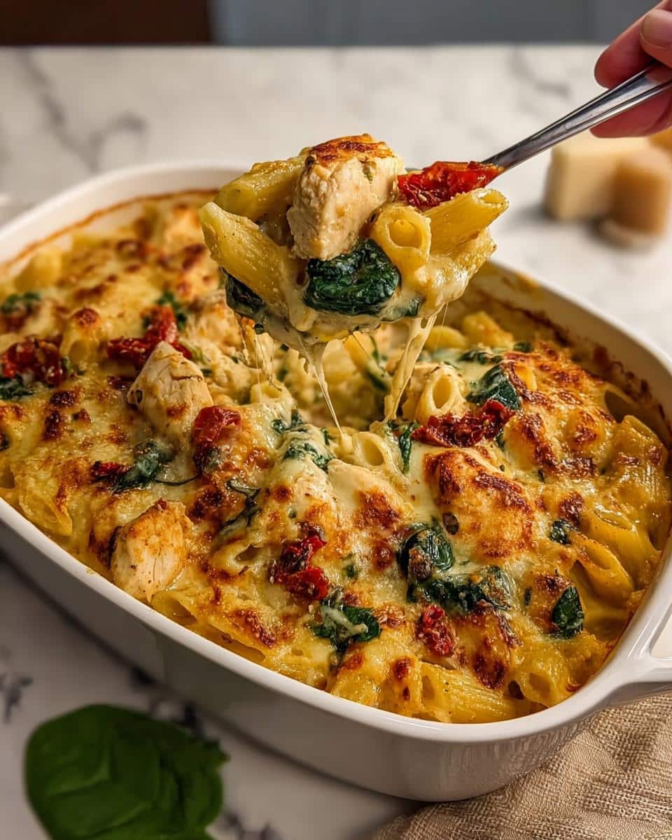 A spoonful of cheesy Gluten-Free Creamy Tuscan Pasta with chicken, spinach, and sun-dried tomatoes being lifted from a baking dish.