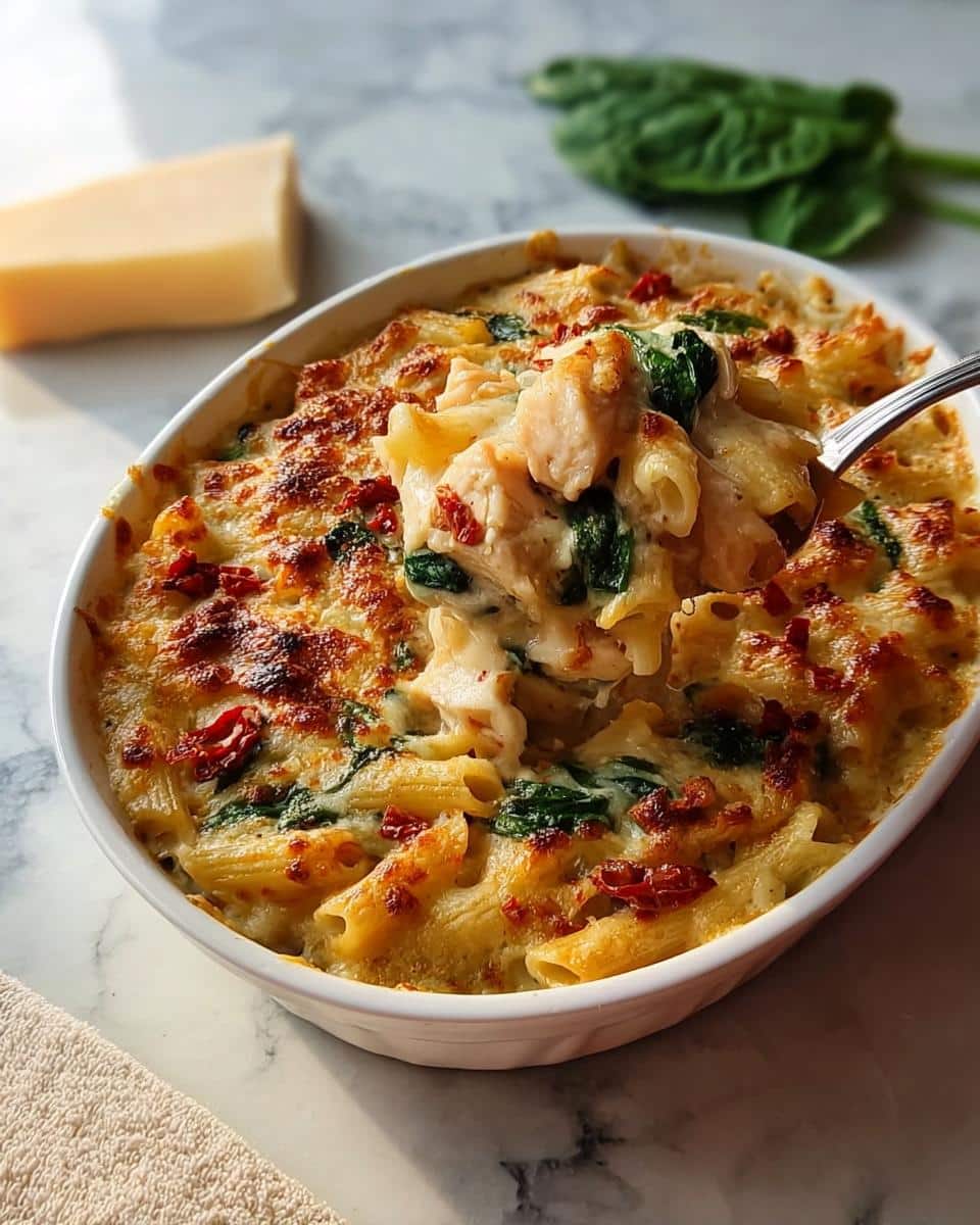 A spoonful of baked Gluten-Free Creamy Tuscan Pasta with chicken, spinach, and sun-dried tomatoes being lifted from a white dish.
