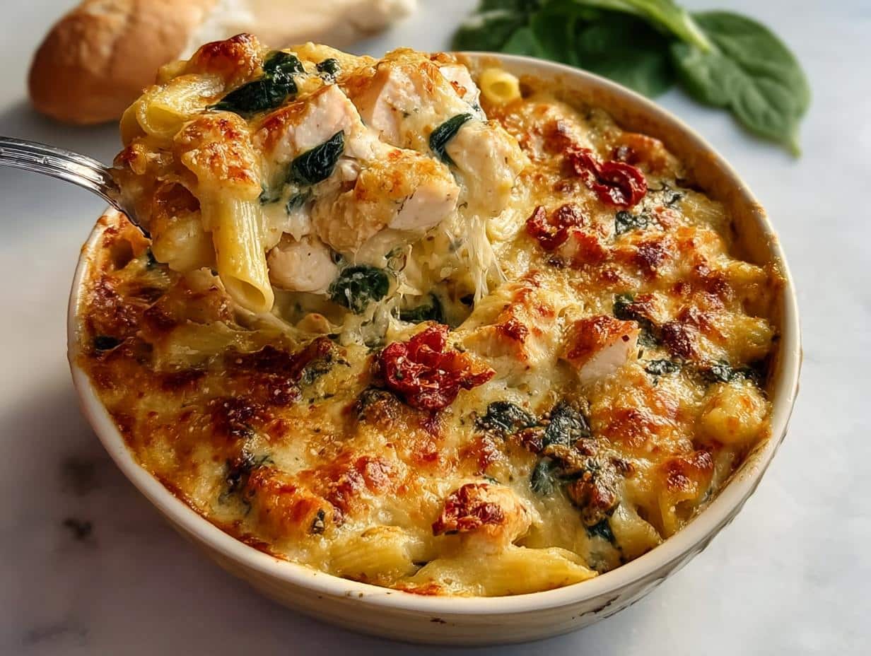 A spoonful of baked Gluten-Free Creamy Tuscan Pasta with chicken, spinach, and sun-dried tomatoes being lifted from a casserole dish.