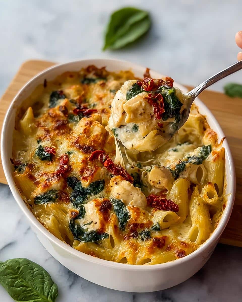 A spoonful of cheesy Gluten-Free Creamy Tuscan Pasta being lifted from a white baking dish, showing chicken, spinach, and sun-dried tomatoes.