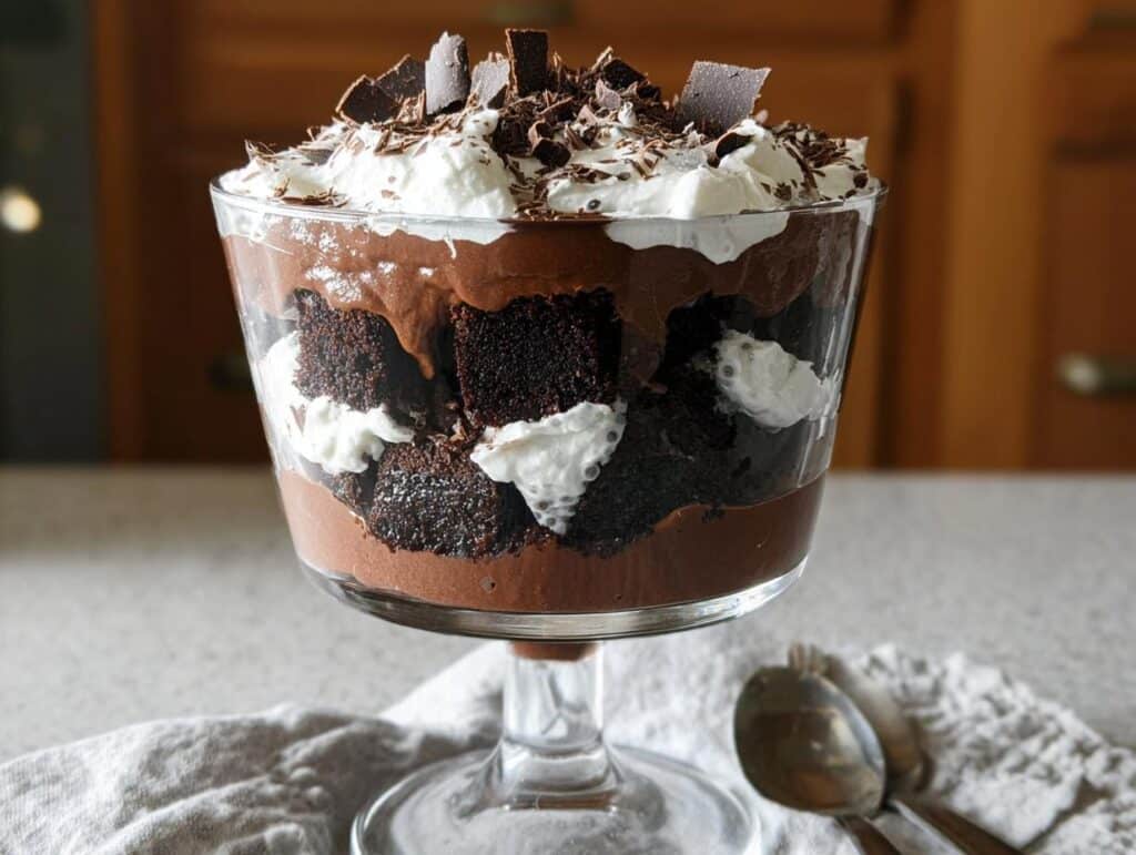A layered Gluten-Free Dairy-Free Brownie Trifle featuring dark chocolate cake cubes, chocolate mousse, and whipped topping, garnished with chocolate shavings.