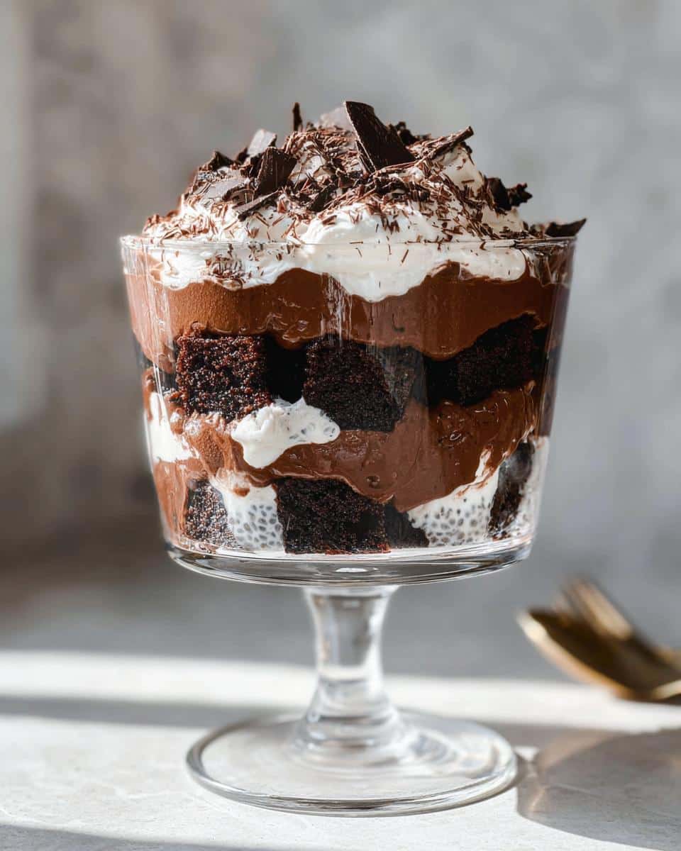 A tall glass serving of Gluten-Free Dairy-Free Brownie Trifle layered with dark chocolate cake cubes, mousse, and whipped topping.