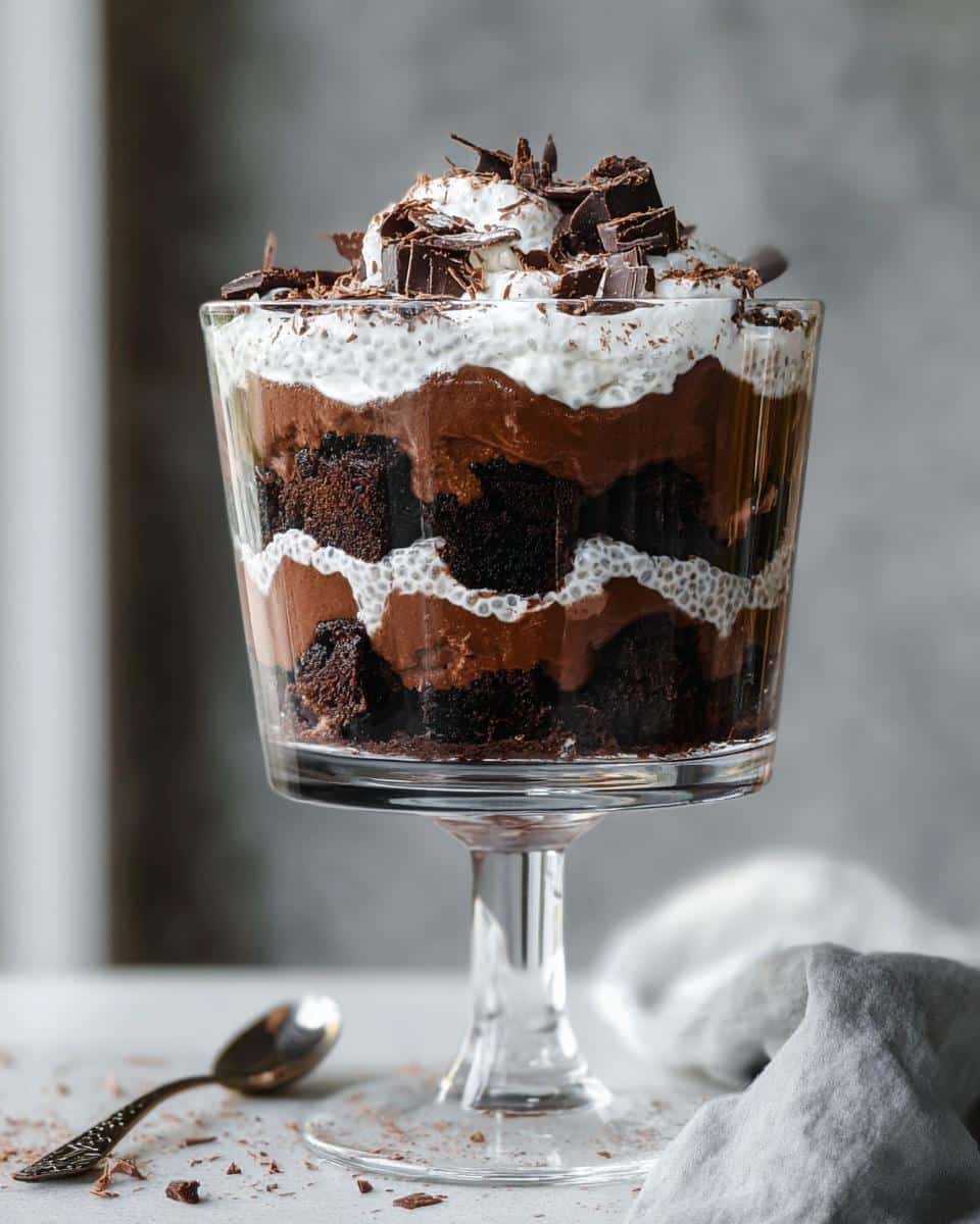 Close-up of a layered Gluten-Free Dairy-Free Brownie Trifle featuring chocolate cake, mousse, and chia pudding.