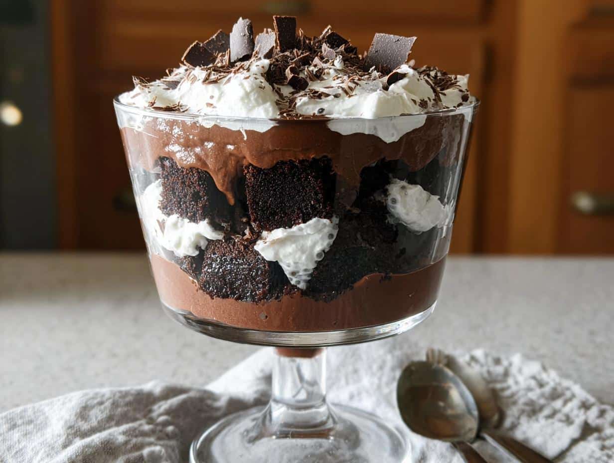 A layered Gluten-Free Dairy-Free Brownie Trifle featuring dark chocolate cake cubes, chocolate mousse, and whipped topping, garnished with chocolate shavings.