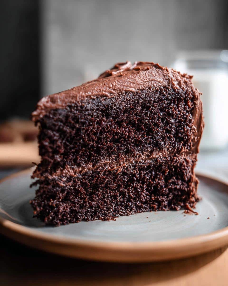 Close-up of a rich, dark slice of Gluten-Free Dairy-Free Chocolate Cake with thick chocolate frosting.