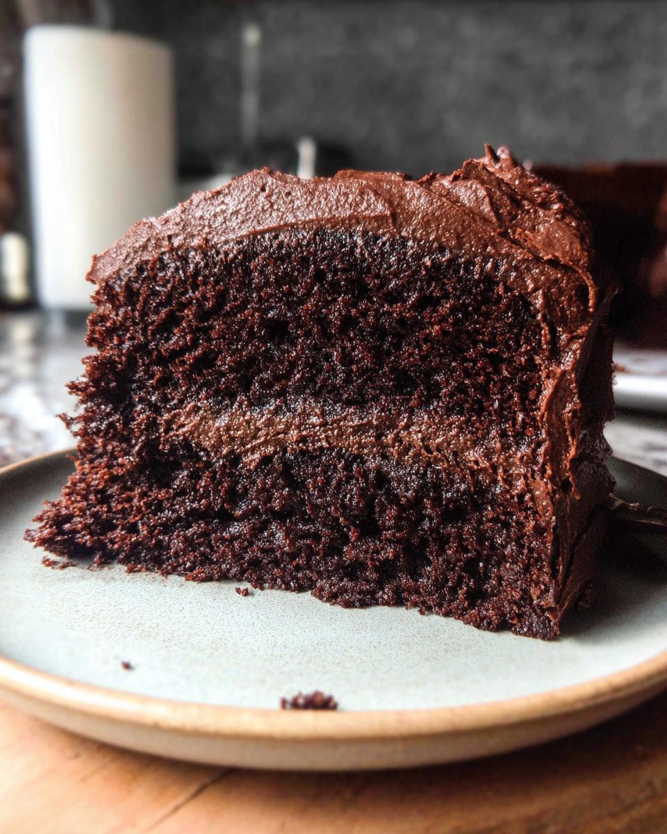 Close-up of a rich, moist slice of Gluten-Free Dairy-Free Chocolate Cake with thick chocolate frosting.